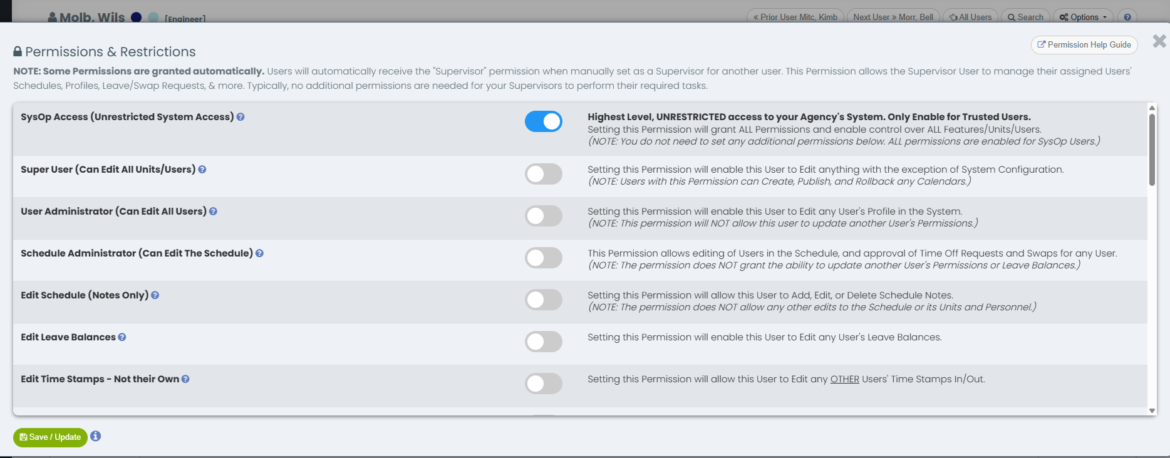 A picture displaying the iOps360 user permission settings user interface.