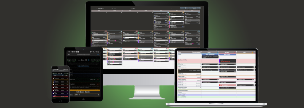 An image featuring multiple devices such as Computers and Phones displaying iOps360's scheduling pages for web and mobile.