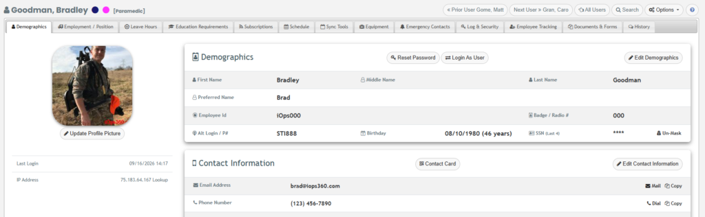 The interface of the iOps360 User View page.